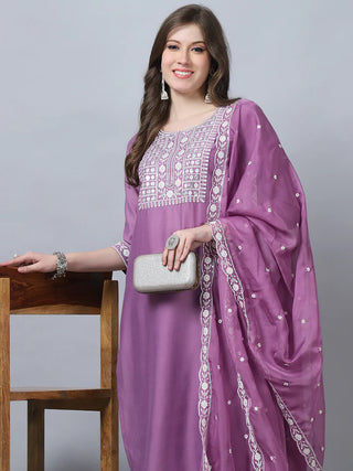 Purple Pure Silk Embroidered Straight Shape Suit Set with Chanderi Cotton Dupatta