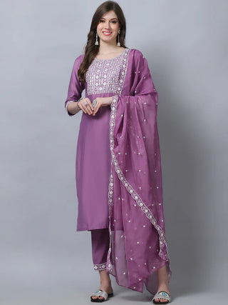 Purple Pure Silk Embroidered Straight Shape Suit Set with Chanderi Cotton Dupatta