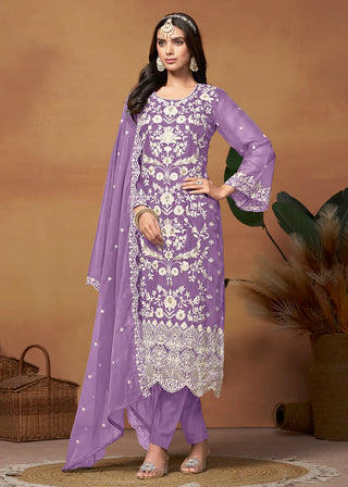 Purple Organza Floral Embroidered, Thread & Sequins Detailing Suit Set with Dupatta