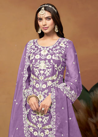 Purple Organza Floral Embroidered, Thread & Sequins Detailing Suit Set with Dupatta