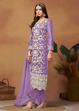 Purple Organza Floral Embroidered, Thread & Sequins Detailing Suit Set with Dupatta