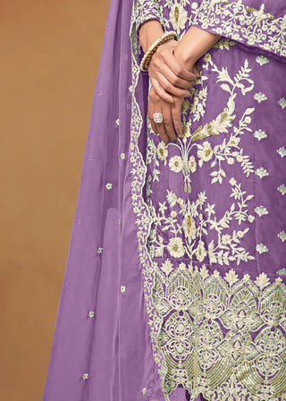 Purple Organza Floral Embroidered, Thread & Sequins Detailing Suit Set with Dupatta