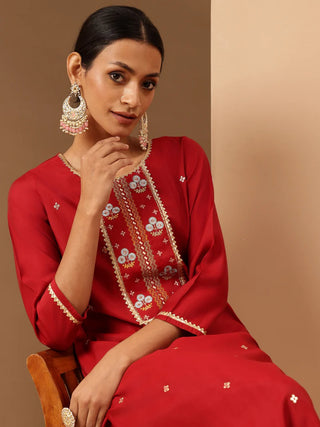 Red Chanderi Embroidered Kurta Bottom Set