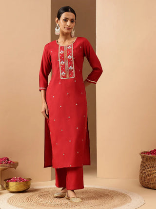 Red Chanderi Embroidered Kurta Bottom Set