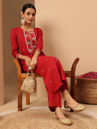 Red Chanderi Embroidered Kurta Bottom Set