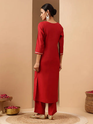 Red Chanderi Embroidered Kurta Bottom Set