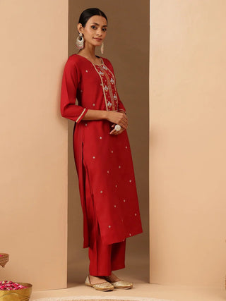 Red Chanderi Embroidered Kurta Bottom Set