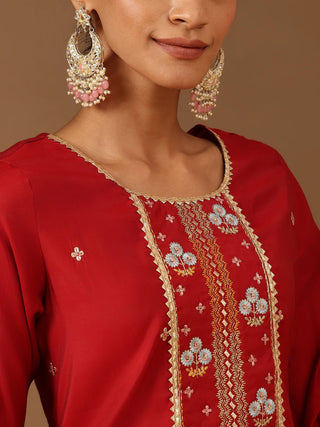 Red Chanderi Embroidered Kurta Bottom Set