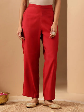 Red Chanderi Embroidered Kurta Bottom Set