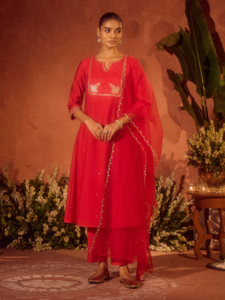 Red Viscose Chanderi Embroidered Ethnic A-Line Kurta Set with Dupatta
