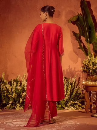 Red Viscose Chanderi Embroidered Ethnic A-Line Kurta Set with Dupatta