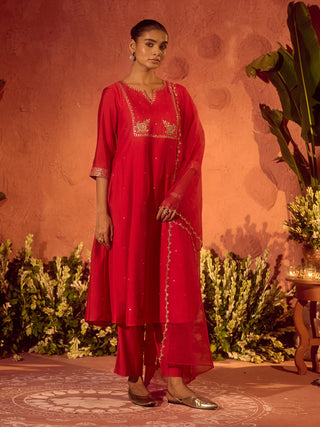 Red Viscose Chanderi Embroidered Ethnic A-Line Kurta Set with Dupatta
