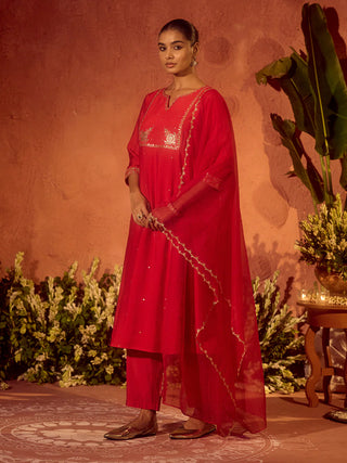 Red Viscose Chanderi Embroidered Ethnic A-Line Kurta Set with Dupatta