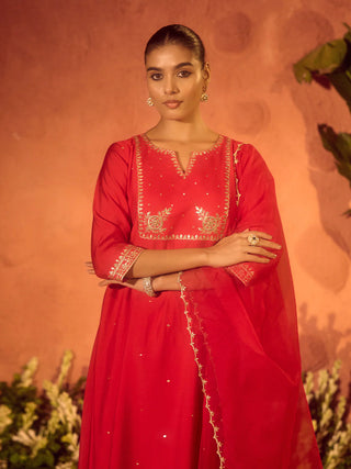 Red Viscose Chanderi Embroidered Ethnic A-Line Kurta Set with Dupatta