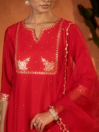 Red Viscose Chanderi Embroidered Ethnic A-Line Kurta Set with Dupatta
