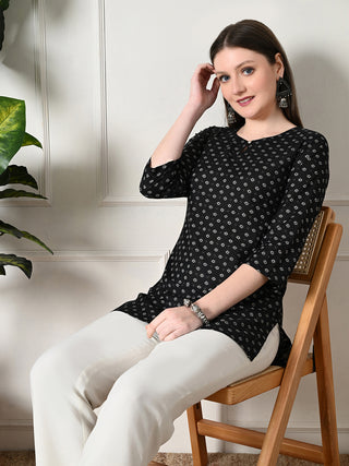 Black Rayon Geometric Print Short Kurta
