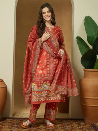 Rust Cotton Blend Floral Print Suit Set with Chanderi Blend Dupatta