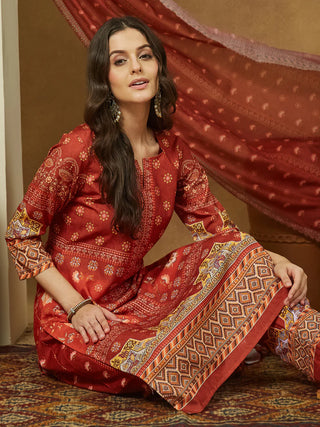 Rust Cotton Blend Floral Print Suit Set with Chanderi Blend Dupatta