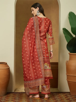 Rust Cotton Blend Floral Print Suit Set with Chanderi Blend Dupatta
