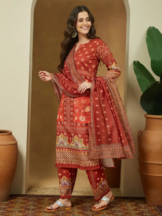 Rust Cotton Blend Floral Print Suit Set with Chanderi Blend Dupatta