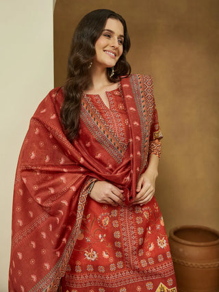 Rust Cotton Blend Floral Print Suit Set with Chanderi Blend Dupatta