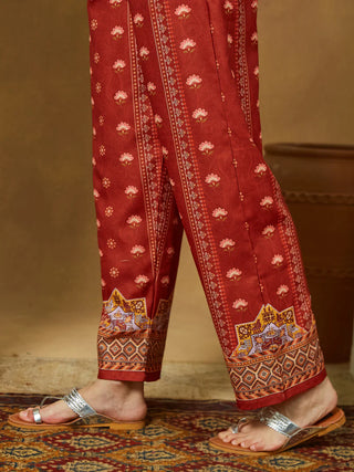Rust Cotton Blend Floral Print Suit Set with Chanderi Blend Dupatta