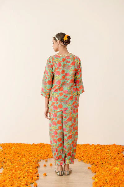 Green Floral Printed Muslin Co-Ord Set
