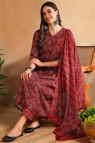 Red Rayon Blend Floral Print A Line Suit Set with Dupatta