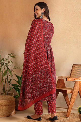 Red Rayon Blend Floral Print A Line Suit Set with Dupatta