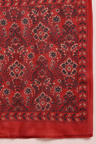 Red Rayon Blend Floral Print A Line Suit Set with Dupatta