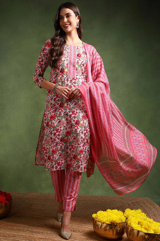 Pink & White Rayon Blend Floral Printed Suit Set with Dupatta