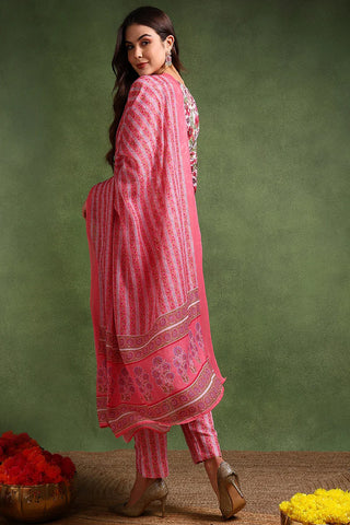 Pink & White Rayon Blend Floral Printed Suit Set with Dupatta