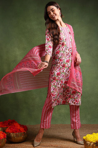 Pink & White Rayon Blend Floral Printed Suit Set with Dupatta