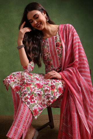 Pink & White Rayon Blend Floral Printed Suit Set with Dupatta