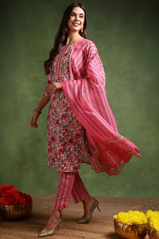 Pink & White Rayon Blend Floral Printed Suit Set with Dupatta