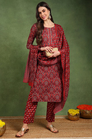 Red Cotton Blend Floral Print Suit Set with Dupatta