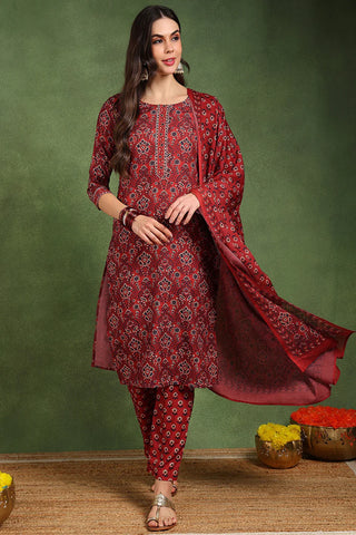 Red Cotton Blend Floral Print Suit Set with Dupatta