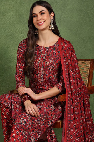 Red Cotton Blend Floral Print Suit Set with Dupatta