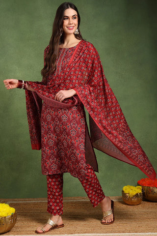 Red Cotton Blend Floral Print Suit Set with Dupatta