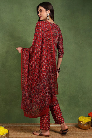 Red Cotton Blend Floral Print Suit Set with Dupatta