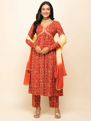 Red Cotton Bandhani Print & Lace Detailing Suit Set with Chiffon Dupatta