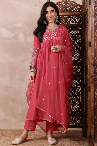 Red Cotton Blend Embroidered A Line Suit Set with Dupatta