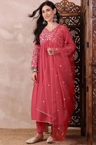 Red Cotton Blend Embroidered A Line Suit Set with Dupatta