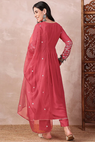 Red Cotton Blend Embroidered A Line Suit Set with Dupatta