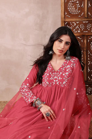 Red Cotton Blend Embroidered A Line Suit Set with Dupatta