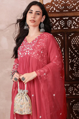 Red Cotton Blend Embroidered A Line Suit Set with Dupatta