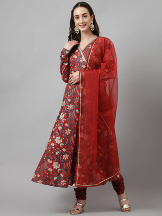 Rust Red Cotton Floral Print Suit Set with Organza Dupatta