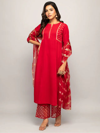 Red Crepe A Line Foil Print Suit Set with Organza Dupatta