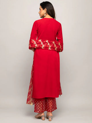 Red Crepe A Line Foil Print Suit Set with Organza Dupatta