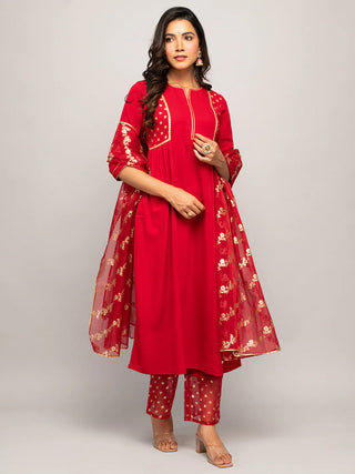 Red Crepe A Line Foil Print Suit Set with Organza Dupatta